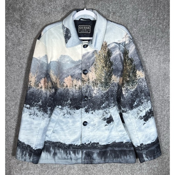 Guess Other - Guess Artistic Landscape AOP Soft Coat Jacket Mens Sz Large Blue Pockets Lined
